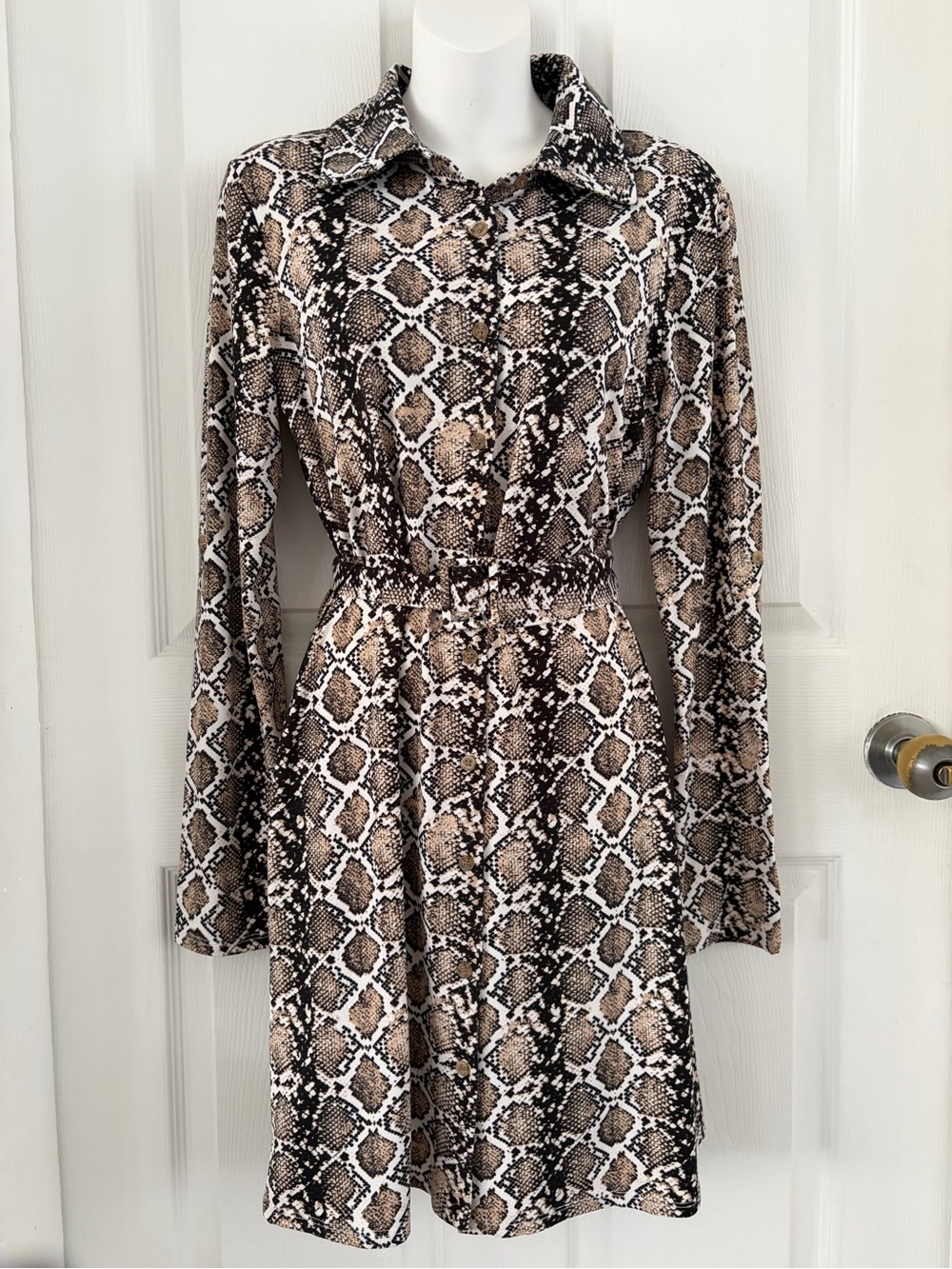 Long Sleeve Snake Print Shirt Dress - Brown/Black